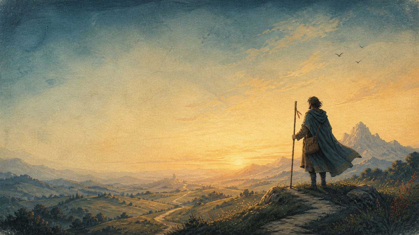 A traveler looking toward a bright horizon and a winding path
